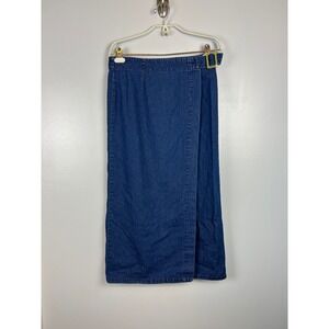 Vintage 90s Premier Denim Maxi Wrap Skirt 10 Blue Cotton Side Buckle Cottage Y2K